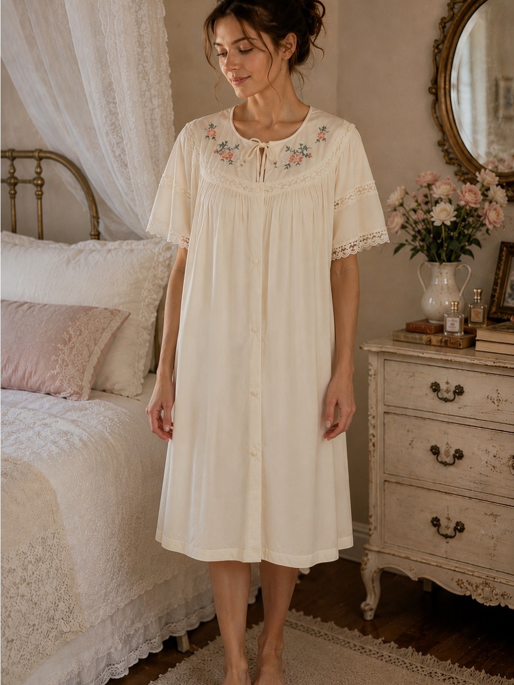 Vintage Lingerie Set Ivory Embroidered Floral Lace Nightgown Robe L Made in USA